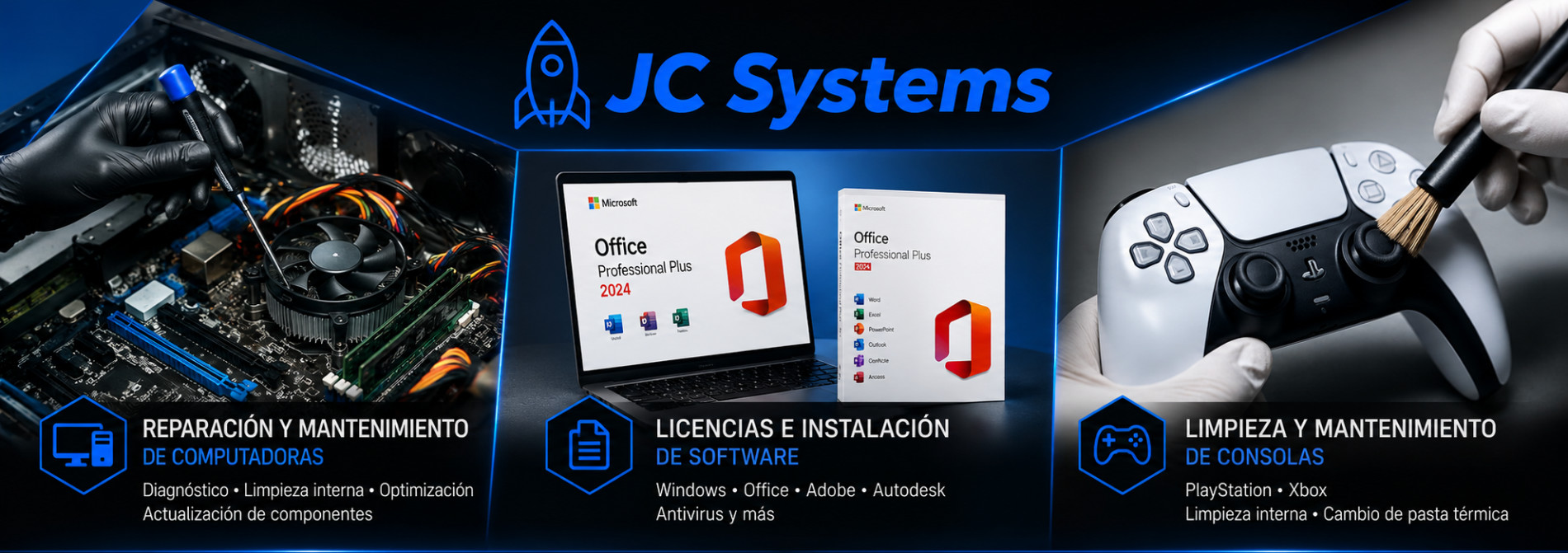 JC Systems — reparación de computadoras, licencias de software y mantenimiento de consolas