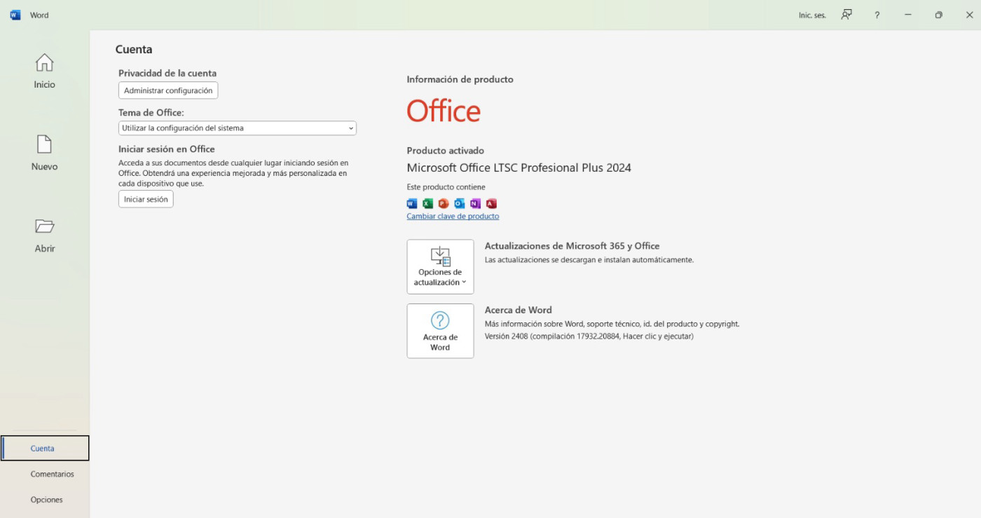 Pantalla de activación de Microsoft Office LTSC Profesional Plus 2024 verificada